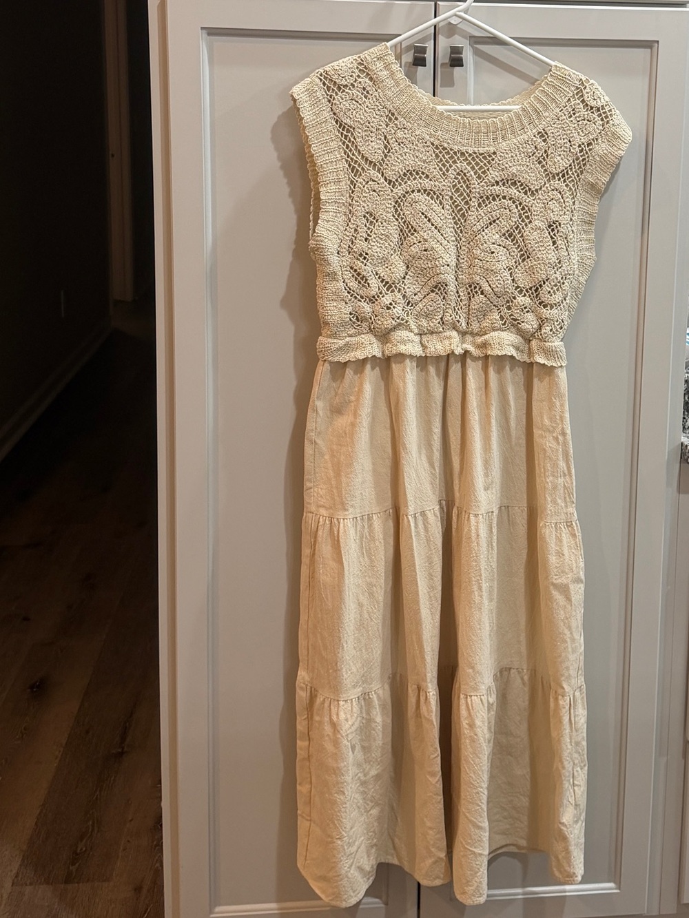 Polagram Cream Crochet Bodice Tiered Midi Dress